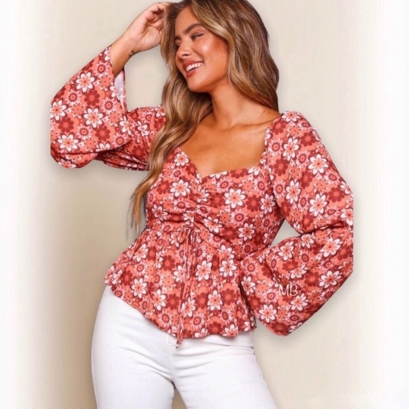 Peach Love California Floral Peplum Top Ruched Bell Sleeve Blouse - Picture 6 of 6